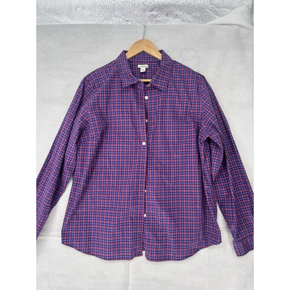 LL Bean Button Down Shirt Womens XL Pink/Blue Plaid Cotton Stretch L/SL Casual